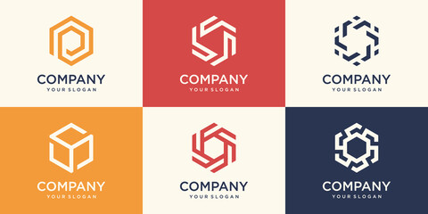 Hexagon logo design with stripe concept, hexagon logo template