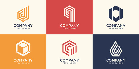 monogram letter and hexagon with stripe concept logo design template.