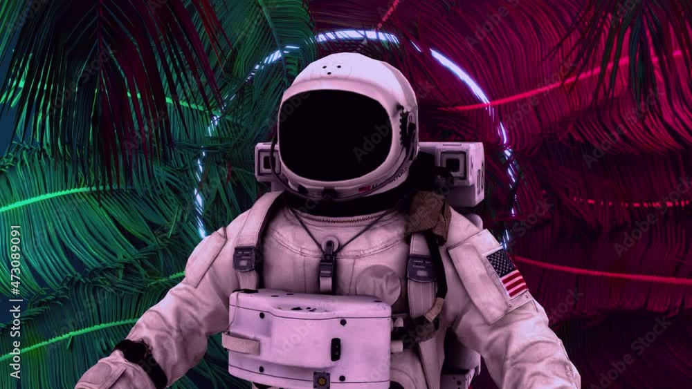 Wall mural astronaut in search of new planets in space. neon glowing lights. space background. seamless loop. e