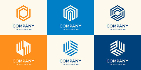 set of geometric Hexagon logo design with stripe concept, modern company business logo template