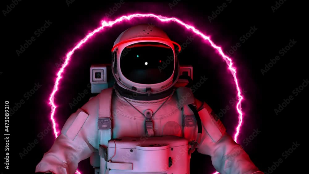 Wall mural astronaut in search of new planets in space. neon glowing lights. space background. seamless loop. e