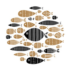 Gold and black fishes. Cute greeting card. Around motif with fish.