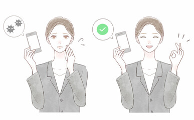 セキュリティ対策がされたスマホを持つ、スーツを着た女性のセット