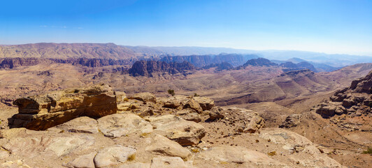 Panoramic view of desert mountain landscape, near Petra