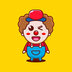Cartoon cute little clown winking, vector icon illustration