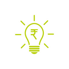Green bulb with rays and rupee sign flat icon. Isolated on white. Electric Light Price icon.