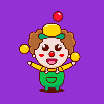 Cartoon Cute Little Clown Standing Playing Ball with Smiling, Icon Vector Illustration