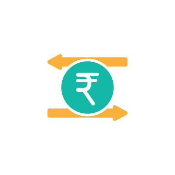 Two orange arrows with rupee sign in blue circle. Flat icon. Isolated on white.