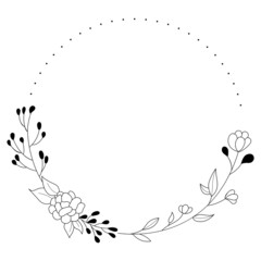 Floral Wreath branch in hand drawn style. Floral round black and white. Frame of twigs, leaves and flowers. Frames for the Valentine's day, wedding decor, logo and identity template.