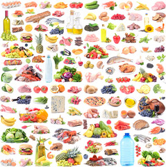 Food and drinks on white background