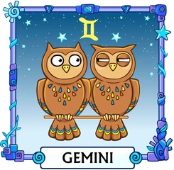 Zodiac sign Gemini. Fantastic animation animal. A background - the star sky, a decorative frame. Vector illustration.