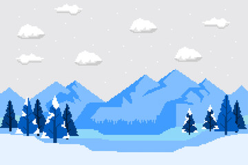 winter pixel art image, there is a beautiful high mountain surrounded by pine trees covered in snow