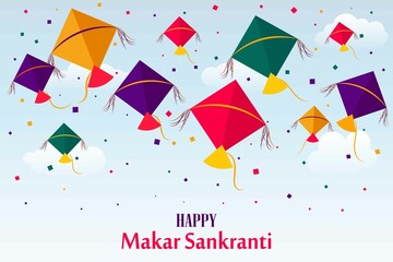Fototapeta na wymiar Happy Makar Sankranti, Colorful flying kites for Makar Sankranti festival Banner Poster Vector Illustration Sky Background