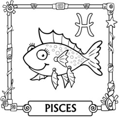 Zodiac sign Pisces. Fantastic animation animal, linear drawing. Vector illustration, be used for coloring book.