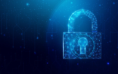 Padlock wireframe polygonal. Internet technology network, business idea concept with glowing low poly lock. Futuristic modern abstract. Isolated on dark blue background. Vector illustration.