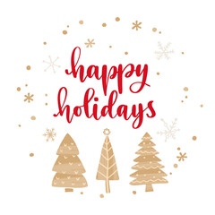 Trendy style lettering and flat hand drawn winter holiday symbols and decoration.