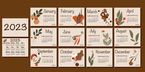 Calendar for 2023 in English. Set. Week starts on Sunday. Trendy abstract shapes with hand-drawn graphics. Doodle. Horizontal editable vector template. EPS 10. A6, A4, A3, A2.