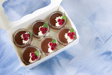 Obraz na płótnie Canvas Chocolate mousse with berries in glass jars. Raspberry dessert, Bird's milk with raspberry,