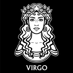 Zodiac sign Virgo. Fantastic princess, animation portrait. Vector monochrome illustration isolated on a black background.