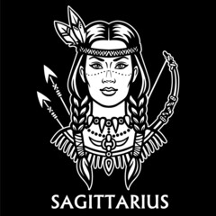 Zodiac sign Sagittarius. Fantastic princess, animation portrait. Vector monochrome illustration isolated on a black background.