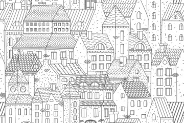Hand-drawn vector seamless background with townhouses. European buildings in one color. Stock vector background.