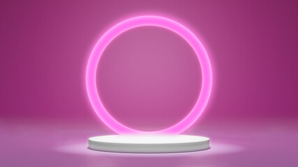 Pink background with a podium and neon ring for product presentation. 3D illustration.