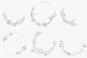 Floral Wreath branch in hand drawn style. Floral round gray and white frame of twigs, leaves and flowers. Frames for the Valentine's day, wedding decor, logo and identity template.