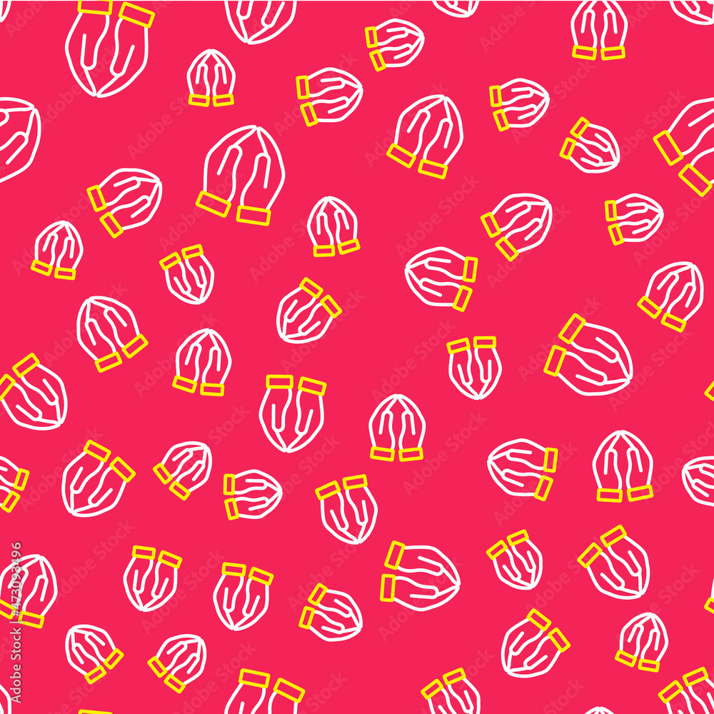 Poster line hands in praying position icon isolated seamless pattern on red background. prayer to god with 