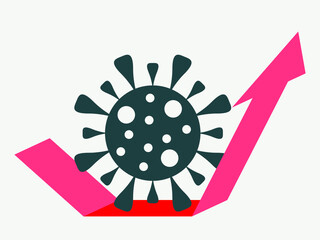 Vector graphics - a coronavirus molecule in close-up presses down an arrow aiming upwards. Concept - global problems of the financial market due to the coronavirus pandemic