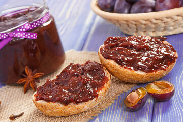 Fresh prepared sandwiches with plum marmalade or jam, healthy sweet snack or breakfast concept
