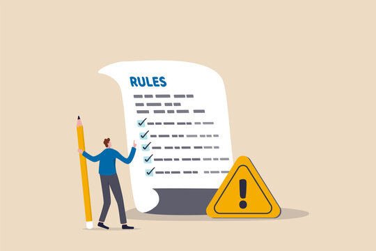 Rules and regulations, policy and guideline for employee to follow, legal term, corporate compliance or laws, standard procedure concept, businessman finish writing rules and regulations document.