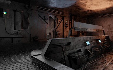 Side view laboratory control room in dark scene 3D rendering wallpaper background
