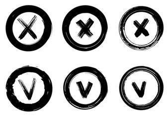 Tick and cross vector signs. Dry brush strokes, hand drawn