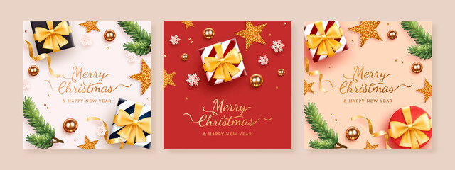 Set of Merry christmas and new year realistic square background with presents and ornaments. Vector illustration