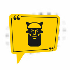 Black Viking head icon isolated on white background. Yellow speech bubble symbol. Vector