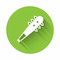 White Medieval chained mace ball icon isolated with long shadow background. Morgenstern medieval weapon or mace with spikes. Green circle button. Vector