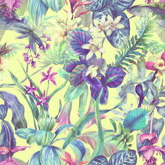 Tropical seamless pattern with exotic flowers. Floral background with leaves and flowers