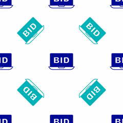Blue Online auction icon isolated seamless pattern on white background. Bid sign. Auction bidding. Sale and buyers. Vector