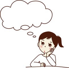 ほおに手を当て、何かを考える若い女性。