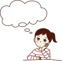 ほおに手を当て、何かを考える若い女性。