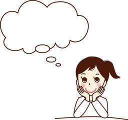 ほおに手を当て、考え事をする笑顔の若い女性。