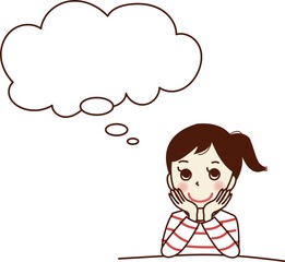 ほおに手を当て、考え事をする笑顔の若い女性。