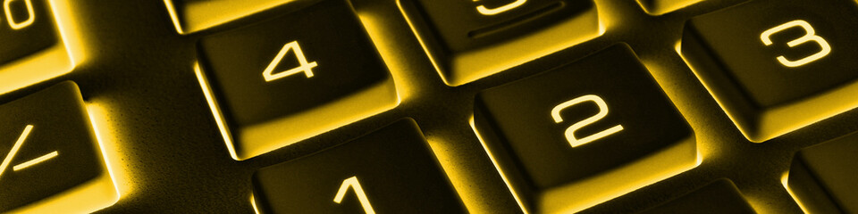 Calculator keyboard buttons close up. Dark inverted banner. Black and yellow headline. Economy,...