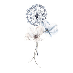 Watercolor illustration with frozen winter flowers and leaves, silver snowflakes, isolated on white background