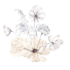 Watercolor illustration with frozen winter flowers and leaves, silver snowflakes, isolated on white background