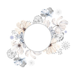 Watercolor frame with frozen flowers, leaves and snowflakes, isolated on white background