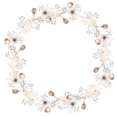 Watercolor wreath with frozen floral and snowflakes, isolated on white background