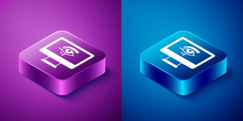 Isometric Eye of Horus on monitor icon isolated on blue and purple background. Ancient Egyptian goddess Wedjet symbol of protection, royal power and good health. Square button. Vector - obrazy, fototapety, plakaty