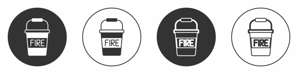 Black Fire bucket icon isolated on white background. Metal bucket empty or with water for fire fighting. Circle button. Vector