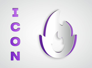 Paper cut Fire flame icon isolated on grey background. Paper art style. Vector